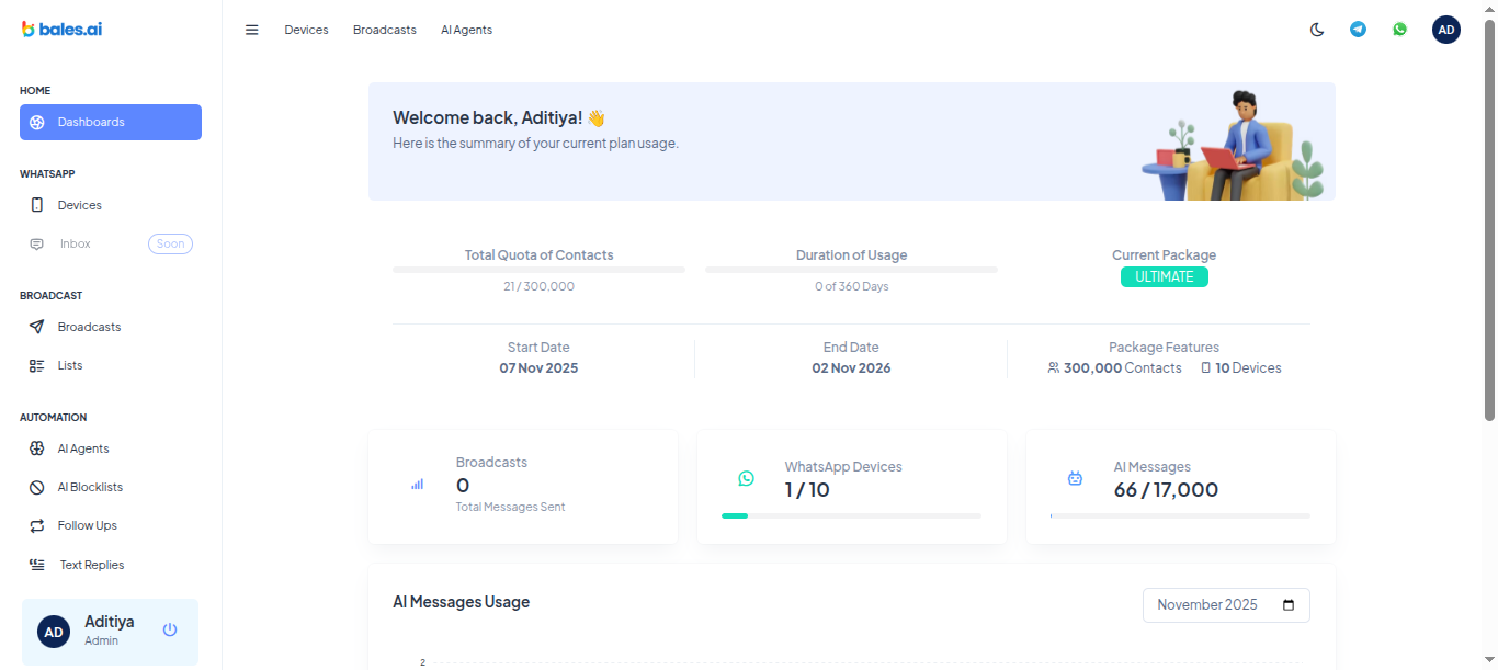 An Agentic AI platform that helps businesses automate customer conversations, lead engagement, and follow ups across multiple channels. Bales.ai combines intelligent AI agents, real-time automation, and business integrations to engage customers 24/7, take action autonomously, and turn more conversations into sales