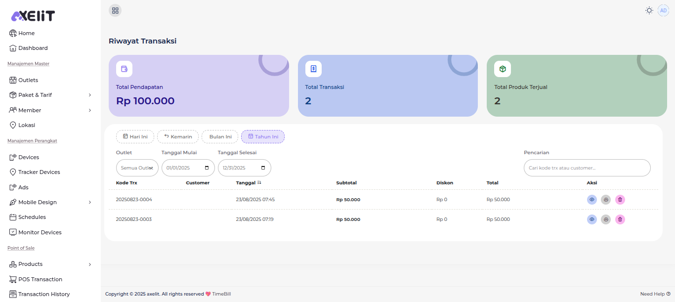 TimeBill transaction reporting and device billing management interface